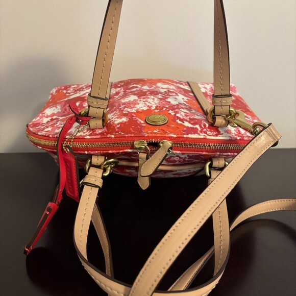 Coach Peyton Cora Pink Orange White Tan Leather Floral Dome Satchel - Picture 6 of 11